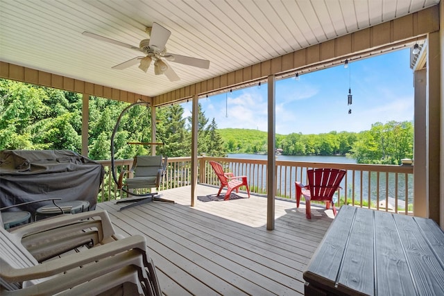 138 Jansen, Holmes, NY 12531 - wooden terrace with a water view, ceiling fan, view of scattered trees, and a grill