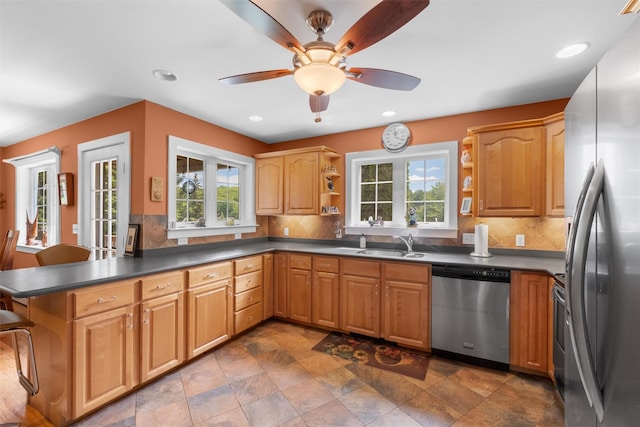 138 Jansen, Holmes, NY 12531 - kitchen featuring appliances with stainless steel finishes, open shelves, a peninsula, a ceiling fan, and dark countertops