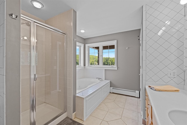 138 Jansen, Holmes, NY 12531 - full bathroom with a baseboard radiator, a stall shower, tile patterned floors, a bath, and vanity