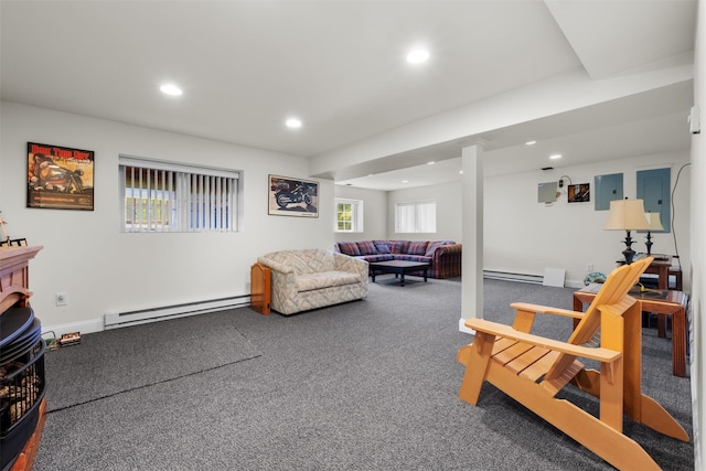 138 Jansen, Holmes, NY 12531 - living room with a baseboard heating unit, recessed lighting, carpet flooring, and electric panel