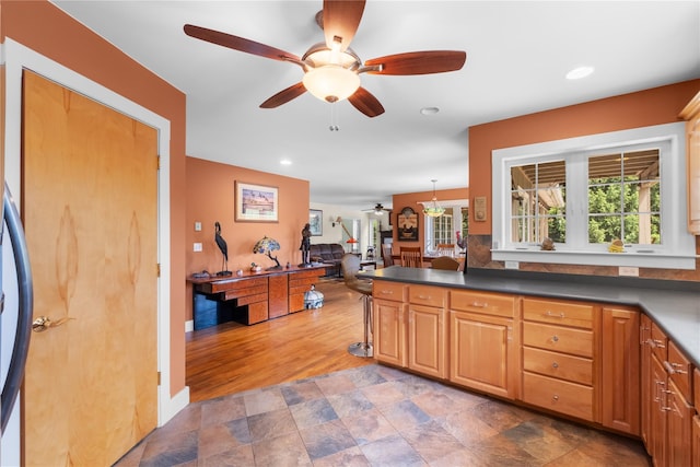 138 Jansen, Holmes, NY 12531 - kitchen with ceiling fan, dark countertops, stone finish floors, recessed lighting, and open floor plan