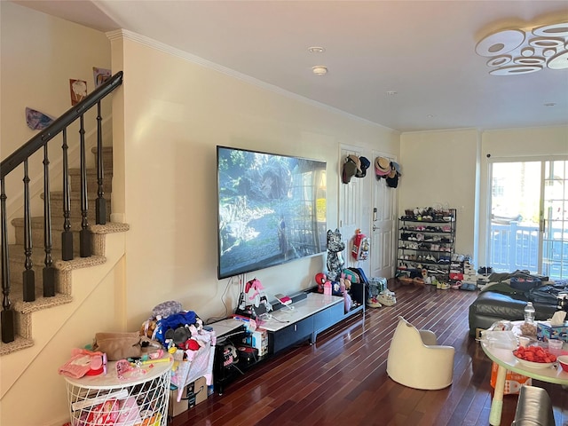 167-11 Powells Cove Blvd Unit 27, Beechhurst, NY 11357 - living room featuring hardwood / wood-style flooring, stairway, and ornamental molding