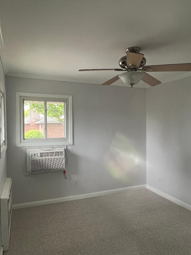 274 Edmunton Dr Unit K8, North Babylon, NY 11703 - carpeted empty room featuring ornamental molding, ceiling fan, baseboards, and an AC wall unit