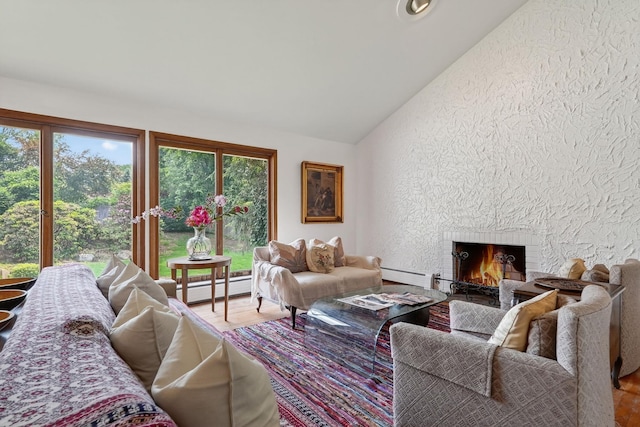 35 Old Farms Rd, Poughkeepsie, NY 12603 - living area with baseboard heating, lofted ceiling, a textured wall, a warm lit fireplace, and wood finished floors