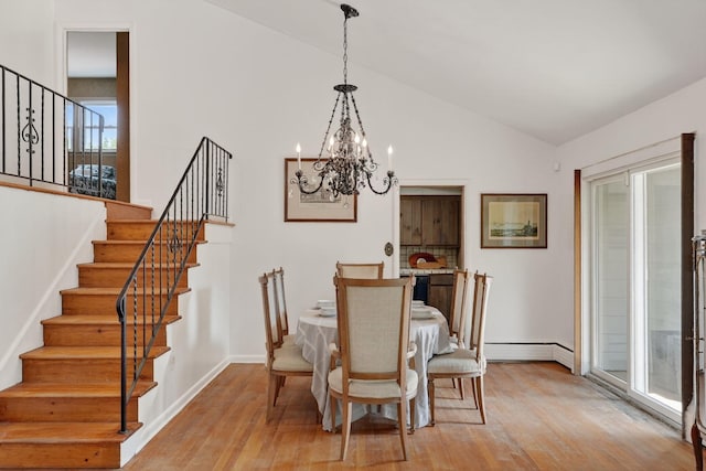 35 Old Farms Rd, Poughkeepsie, NY 12603 - dining space with light wood-type flooring, stairs, a chandelier, lofted ceiling, and a baseboard radiator