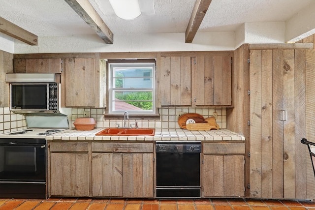 35 Old Farms Rd, Poughkeepsie, NY 12603 - kitchen with black appliances, tile countertops, beam ceiling, tasteful backsplash, and a textured ceiling