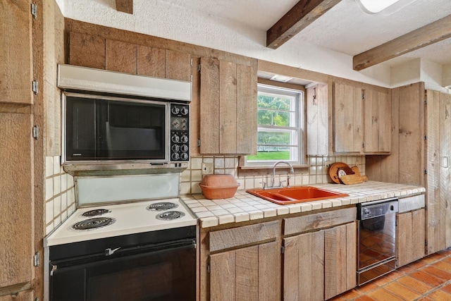 35 Old Farms Rd, Poughkeepsie, NY 12603 - kitchen with black appliances, beam ceiling, tasteful backsplash, tile countertops, and light tile patterned flooring