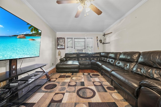 4 Leewood Cir Unit 4L, Eastchester, NY 10709 - living room with wood finished floors, ornamental molding, ceiling fan, and baseboards