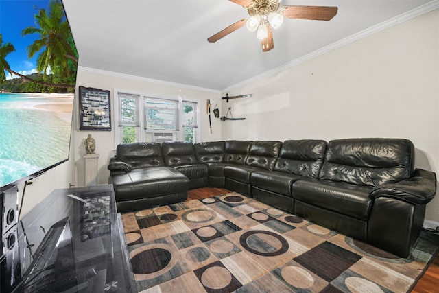 4 Leewood Cir Unit 4L, Eastchester, NY 10709 - living room featuring wood finished floors, ornamental molding, ceiling fan, and lofted ceiling