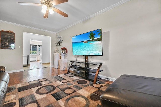 4 Leewood Cir Unit 4L, Eastchester, NY 10709 - interior space with ornamental molding, wood finished floors, ceiling fan, baseboards, and radiator