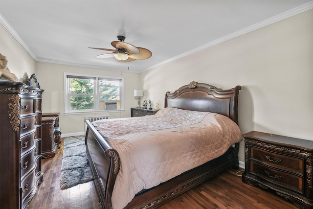 4 Leewood Cir Unit 4L, Eastchester, NY 10709 - bedroom featuring crown molding, dark wood-style floors, baseboards, cooling unit, and ceiling fan