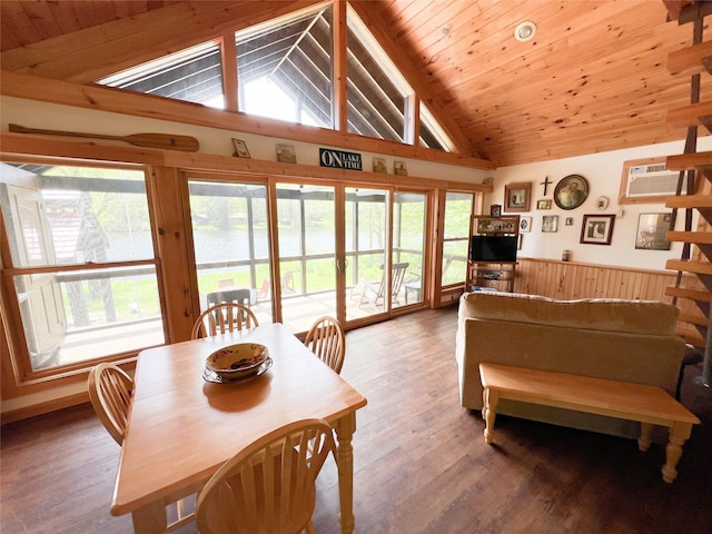 110 Lake Muskoday Rd, Roscoe, NY 12736 - dining area featuring wainscoting, vaulted ceiling, a wall mounted AC, light wood finished floors, and plenty of natural light