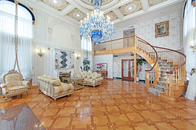 267 Dover St, Brooklyn, NY 11235 - building lobby featuring a high ceiling, stairs, coffered ceiling, beam ceiling, and wallpapered walls