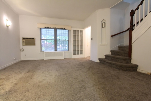 61-16 84th St, Middle Village, NY 11379 - unfurnished living room with stairway, a wall unit AC, carpet flooring, and ornamental molding