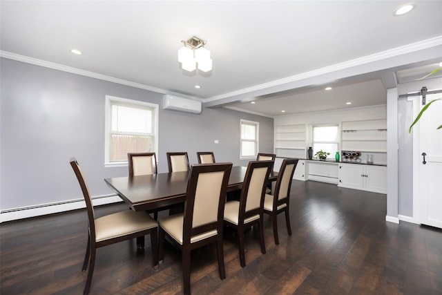 11 Myrtle Ln, Levittown, NY 11756 - dining area with a wall mounted AC, a baseboard radiator, dark wood-style floors, crown molding, and recessed lighting