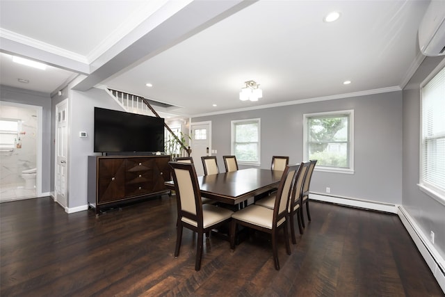 11 Myrtle Ln, Levittown, NY 11756 - dining area with a wall unit AC, stairs, crown molding, a baseboard radiator, and wood finished floors