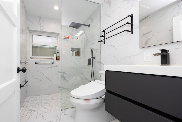 11 Myrtle Ln, Levittown, NY 11756 - bathroom featuring vanity, toilet, a marble finish shower, and recessed lighting