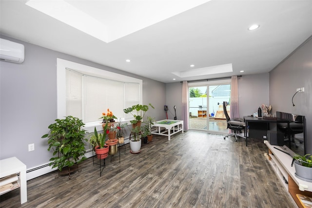 11 Myrtle Ln, Levittown, NY 11756 - living room featuring wood finished floors, recessed lighting, a wall mounted air conditioner, a raised ceiling, and a skylight