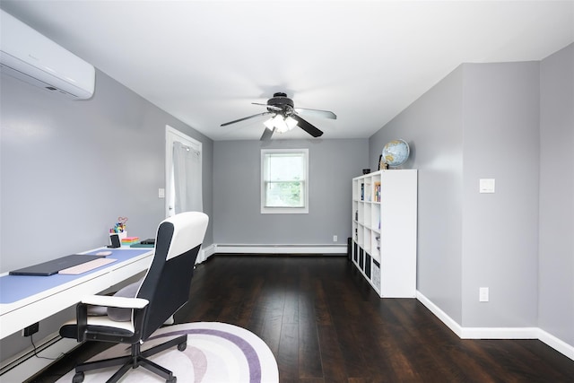 11 Myrtle Ln, Levittown, NY 11756 - office space featuring an AC wall unit, baseboard heating, hardwood / wood-style floors, baseboards, and ceiling fan