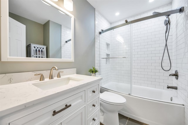 301 Maple Ave, Patchogue, NY 11772 - full bathroom with vanity, bath / shower combo with glass door, toilet, tile patterned floors, and recessed lighting
