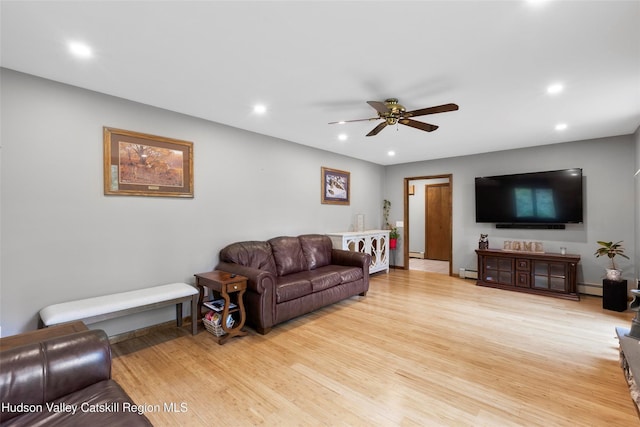 48 Deer Park Rd, Cairo, NY 12473 - living room with recessed lighting, baseboard heating, a ceiling fan, light wood-style flooring, and baseboards