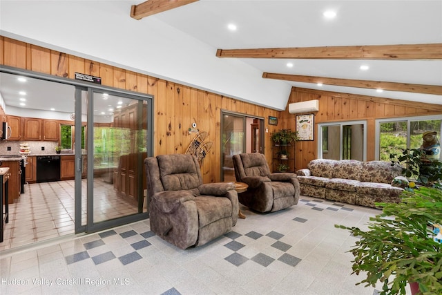 48 Deer Park Rd, Cairo, NY 12473 - living area featuring a wall mounted air conditioner, wooden walls, and recessed lighting