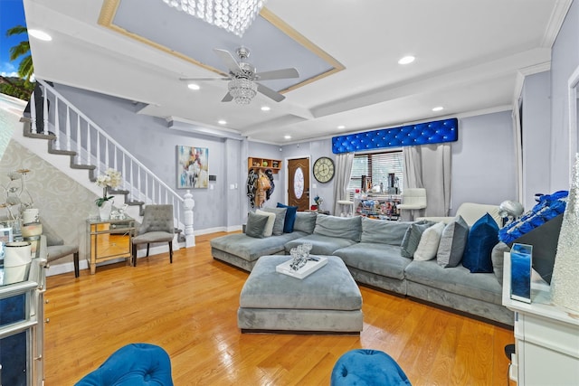 3632 Willett Ave, Bronx, NY 10467 - living area with a ceiling fan, stairway, wood finished floors, recessed lighting, and baseboards