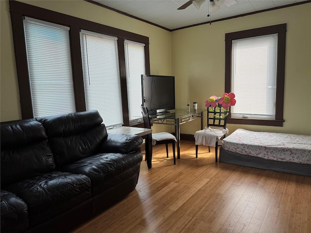 39 Crescent Pl, Middletown, NY 10940 - living room featuring ornamental molding, ceiling fan, and wood finished floors