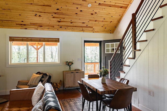 235 Terwilliger Rd, Livingston Manor, NY 12758 - dining space featuring wood ceiling, stairs, lofted ceiling, baseboards, and dark wood-style flooring