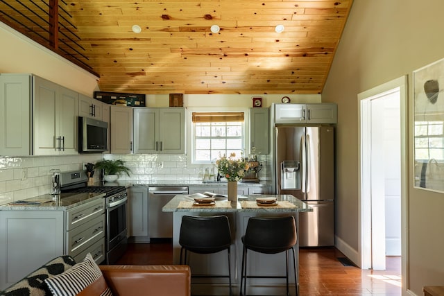 235 Terwilliger Rd, Livingston Manor, NY 12758 - kitchen featuring appliances with stainless steel finishes, wooden ceiling, lofted ceiling, light stone counters, and tasteful backsplash