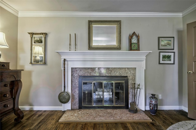 28 Valley Rd, Manhasset, NY 11030 - detailed view of baseboards, ornamental molding, wood finished floors, and a high end fireplace
