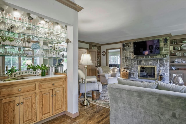28 Valley Rd, Manhasset, NY 11030 - living room with dark wood-type flooring, a fireplace, bar area, and ornamental molding