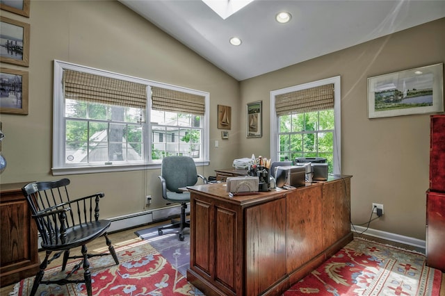 28 Valley Rd, Manhasset, NY 11030 - home office featuring vaulted ceiling, recessed lighting, baseboard heating, a skylight, and baseboards