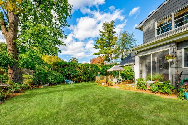 28 Valley Rd, Manhasset, NY 11030 - view of grassy yard with a patio and a storage unit