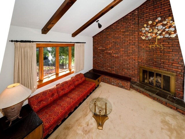 3 Brookland Farms Rd, Poughkeepsie, NY 12601 - living room featuring brick wall, carpet flooring, and a brick fireplace