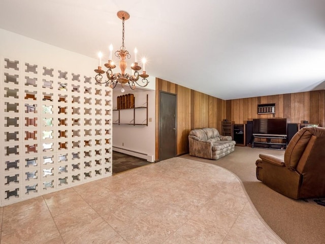 3 Brookland Farms Rd, Poughkeepsie, NY 12601 - tiled living area with a baseboard radiator, a chandelier, and wood walls