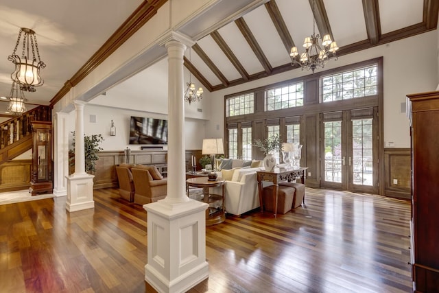 220 Elderfields Rd, Manhasset, NY 11030 - living area featuring a chandelier, high vaulted ceiling, french doors, wood finished floors, and beam ceiling
