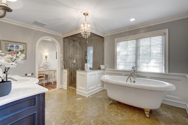 220 Elderfields Rd, Manhasset, NY 11030 - full bath featuring a stall shower, ornamental molding, a freestanding bath, a chandelier, and vanity