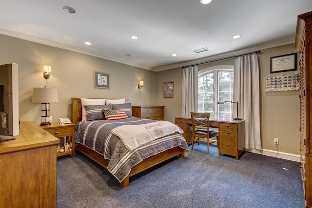 220 Elderfields Rd, Manhasset, NY 11030 - bedroom featuring dark colored carpet, ornamental molding, recessed lighting, and baseboards