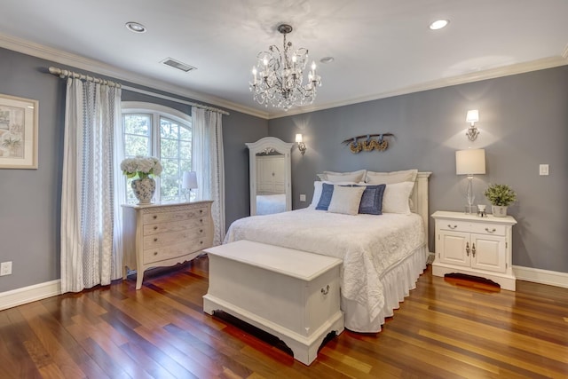 220 Elderfields Rd, Manhasset, NY 11030 - bedroom with a chandelier, dark wood-style floors, crown molding, baseboards, and recessed lighting