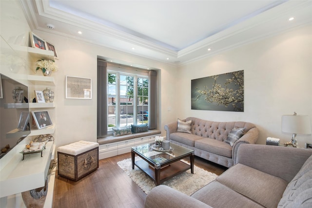 158-44 87th St, Howard Beach, NY 11414 - living room featuring crown molding, wood finished floors, a raised ceiling, and recessed lighting