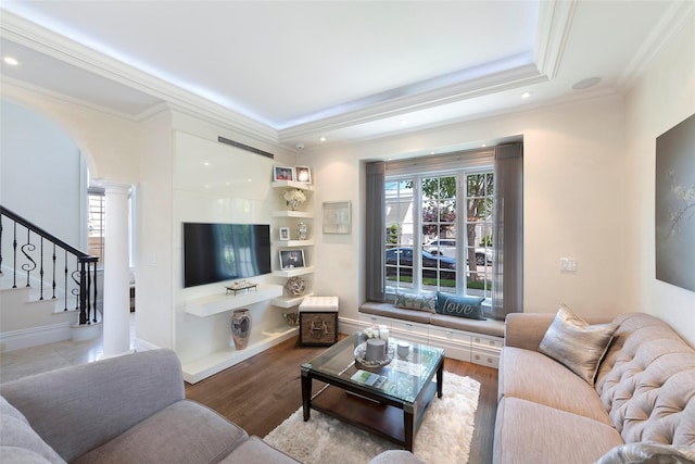 158-44 87th St, Howard Beach, NY 11414 - living area with decorative columns, plenty of natural light, crown molding, stairway, and wood finished floors