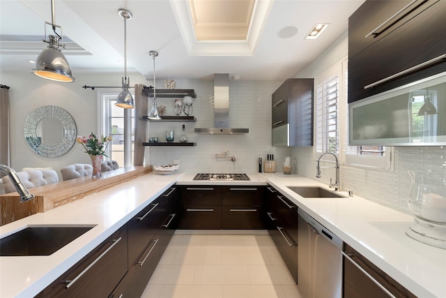 158-44 87th St, Howard Beach, NY 11414 - kitchen with wall chimney range hood, a sink, appliances with stainless steel finishes, and modern cabinets