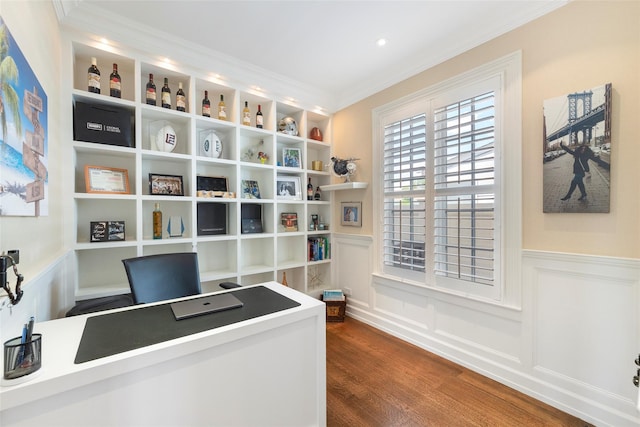 158-44 87th St, Howard Beach, NY 11414 - office space with dark wood-style floors, crown molding, wainscoting, recessed lighting, and a decorative wall