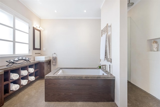 158-44 87th St, Howard Beach, NY 11414 - bathroom with a garden tub, vanity, crown molding, radiator, and a walk in shower