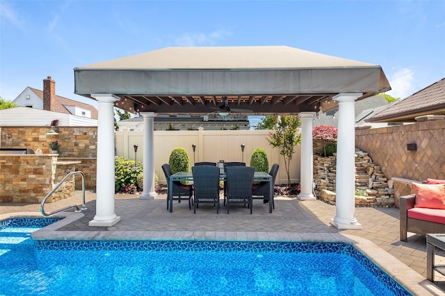 158-44 87th St, Howard Beach, NY 11414 - view of pool with a gazebo, a patio area, outdoor dining space, and ceiling fan