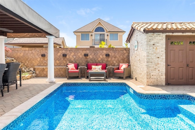 158-44 87th St, Howard Beach, NY 11414 - view of swimming pool with an outdoor hangout area, a patio, and an outdoor structure