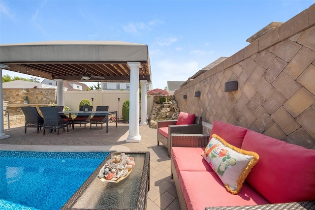 158-44 87th St, Howard Beach, NY 11414 - view of swimming pool featuring an outdoor living space, a patio area, a gazebo, ceiling fan, and outdoor dining space