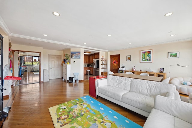 99-31 66th Ave Unit 5A, Rego Park, NY 11374 - living room with recessed lighting, crown molding, and dark wood finished floors
