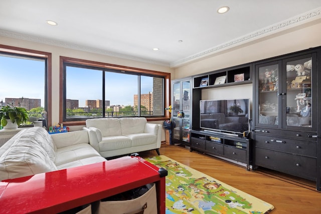 99-31 66th Ave Unit 5A, Rego Park, NY 11374 - living area with light wood-type flooring, recessed lighting, and crown molding